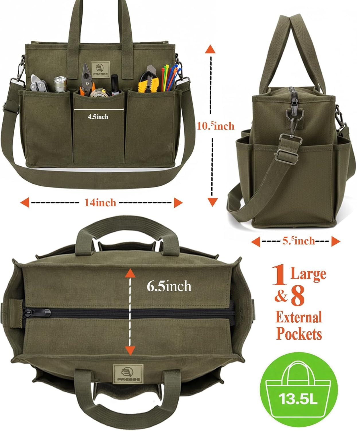 Heavy Duty Canvas Gardening Tote Bag with Pockets, Large Capacity Tool Organizer