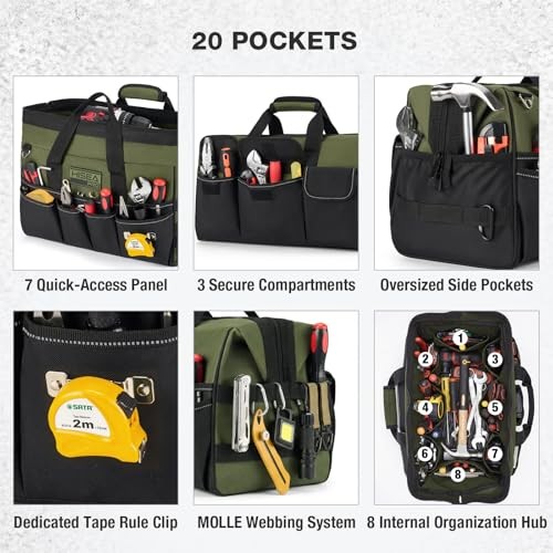 Heavy Duty Tool Bag 20 Pockets, 16-Inch Portable Tool Box 16inch Green