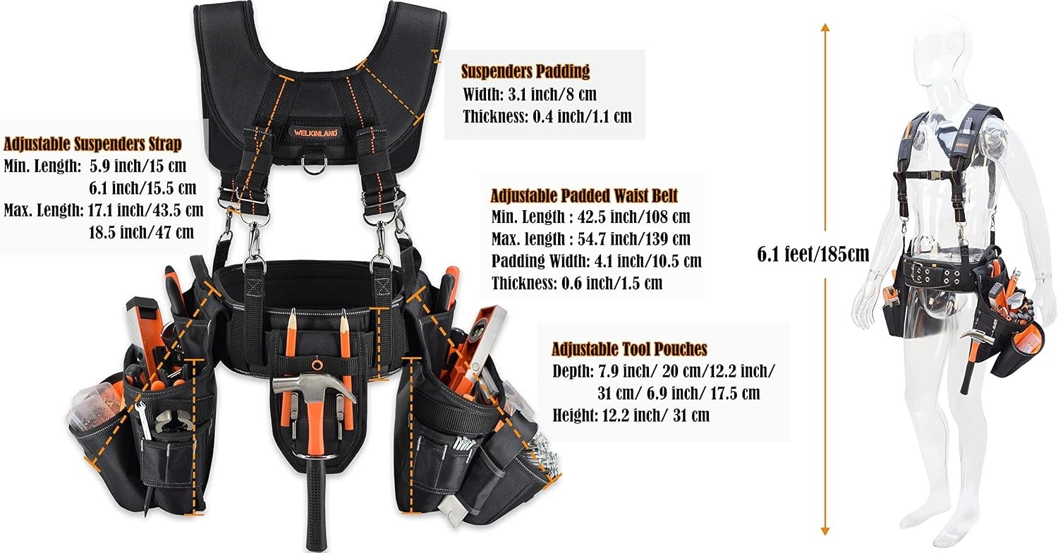 39 Pocket Tool Belt with Suspenders Padded Carpenter Construction Pouch