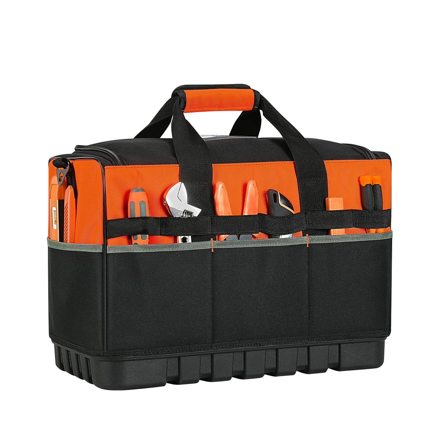 17.7×12.6×11 Inch 18 Pocket Wide Mouth Tool Bag Waterproof Base Black Orange
