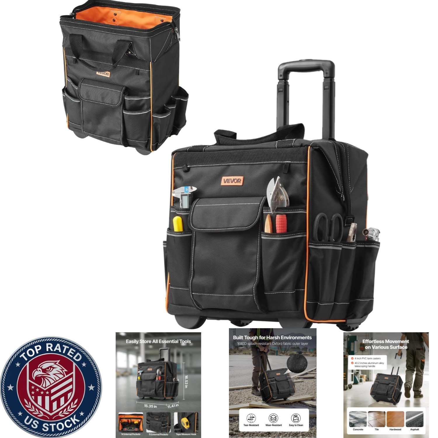 15″ Professional Tool Bag on Wheels – 110 lbs Capacity, Water Resistant Design