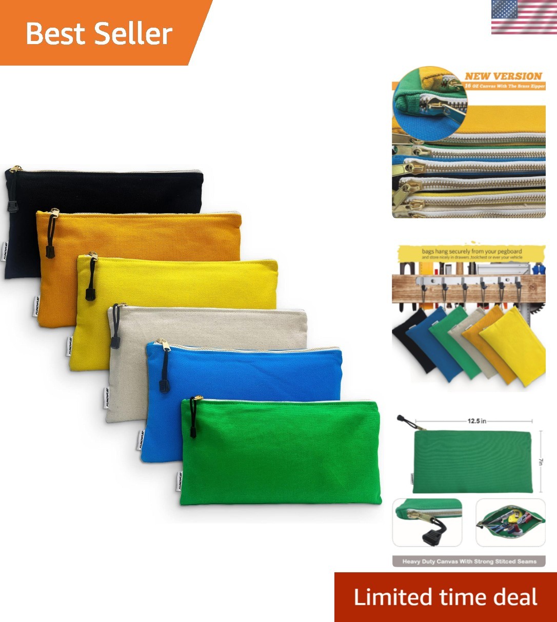 Washable 6 Pack Canvas Tool Bag Set – Heavy Duty, Durable, 12.5 x 7-Inch Pouches