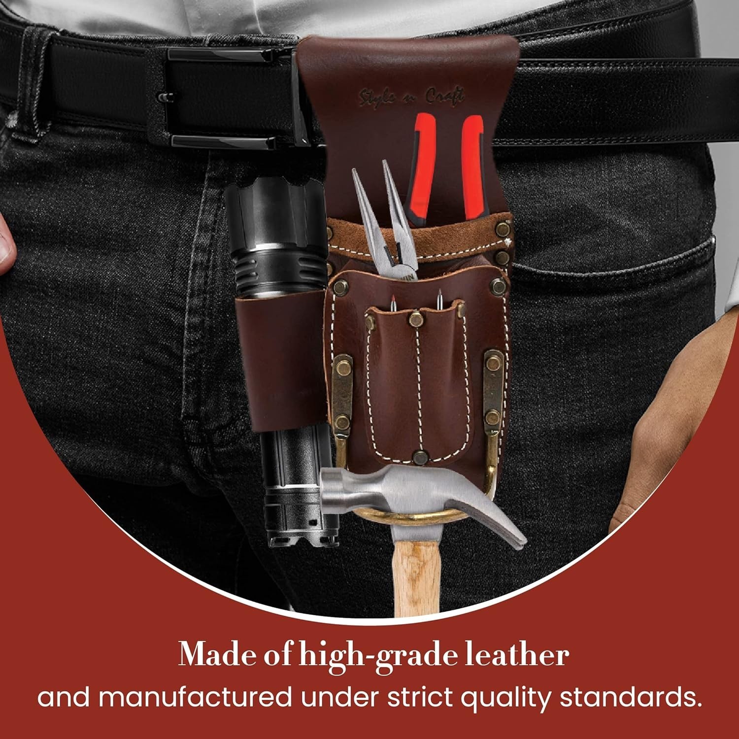 Carpenter’s Leather Tool Pouch 9×4.75in 6 Pockets Belt Clip Hammer Holder