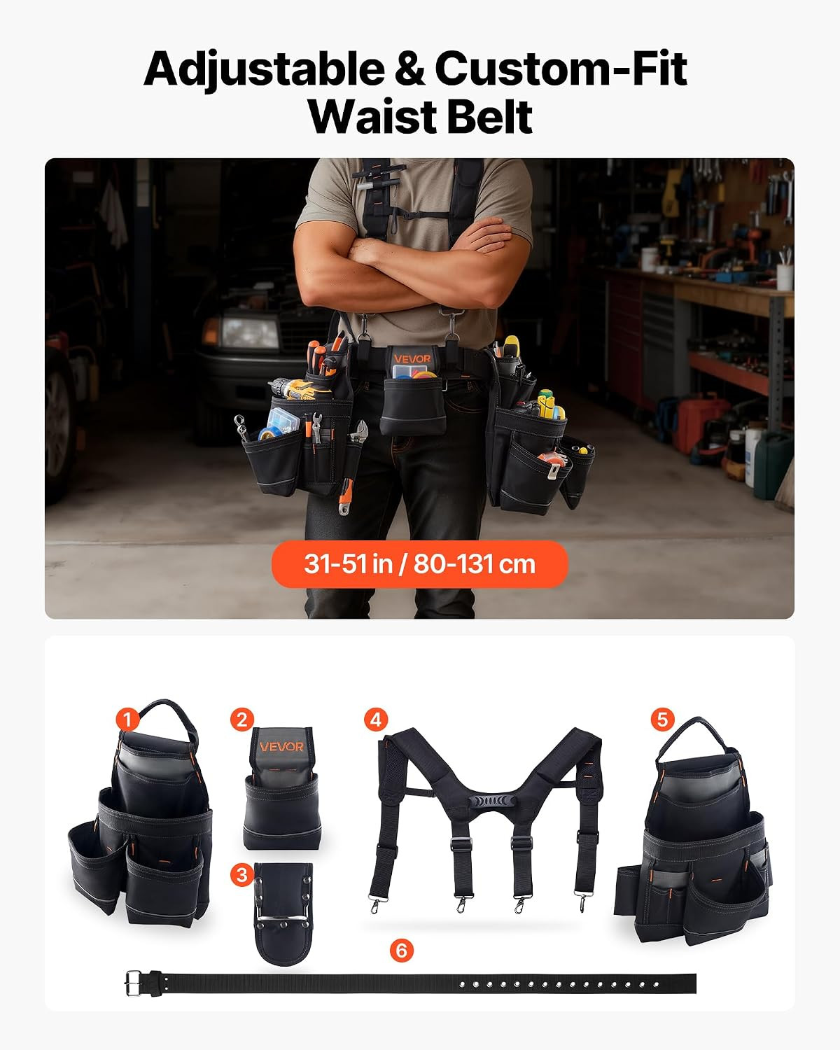 Tool Belt, 19 Pockets Tool Pouch with Suspenders for Men, Heavy Duty Adjustable