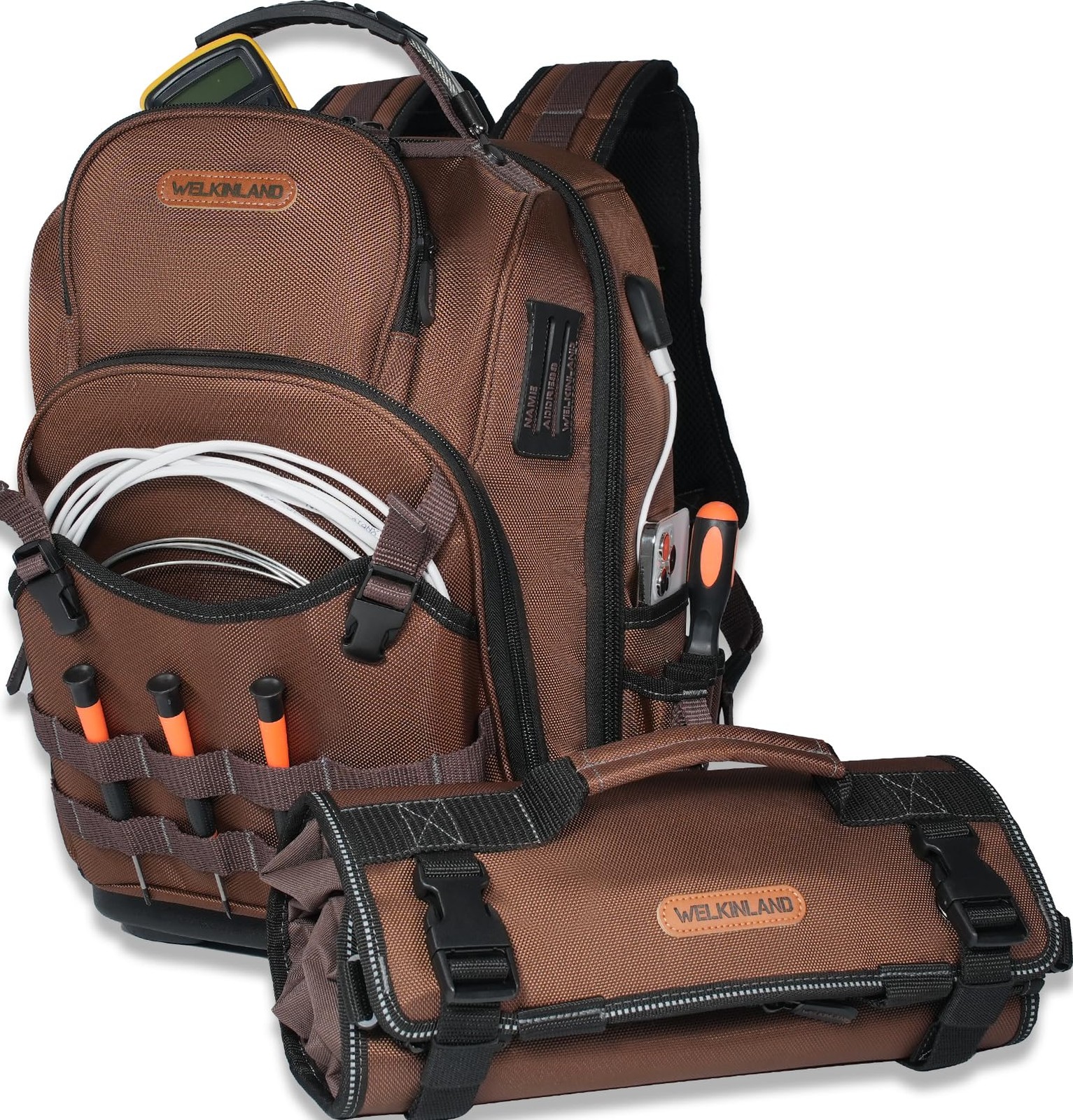 WELKINLAND 70Pockets HVAC Tool Backpack With Medium to Large, Brown & Black