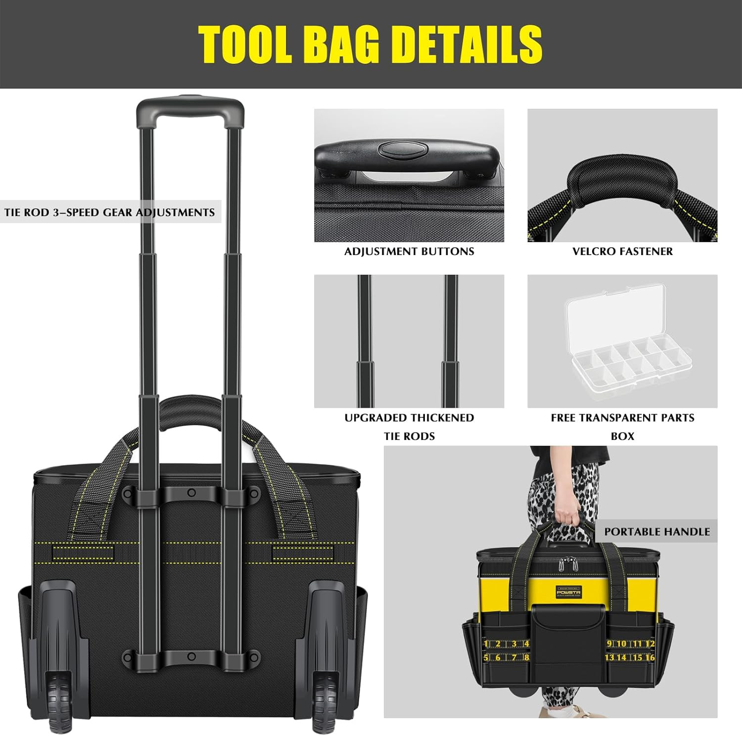 21″Rolling Tool Bag with Wheels,1680D Waterproof Rolling Tool Tote Bag with Tele