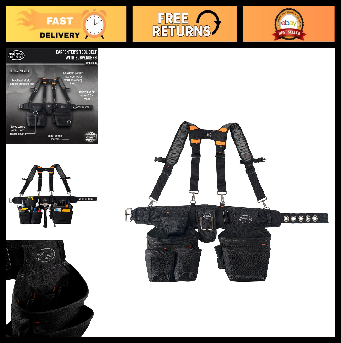 Heavy-Duty 1680D Poly Carpenter Tool Belt with Suspenders – Black, Adjustable Fi