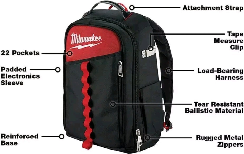 Milwaukee 48-22-8202 22-Pocket Low-Profile Backpack w/ Padded electronics sleeve