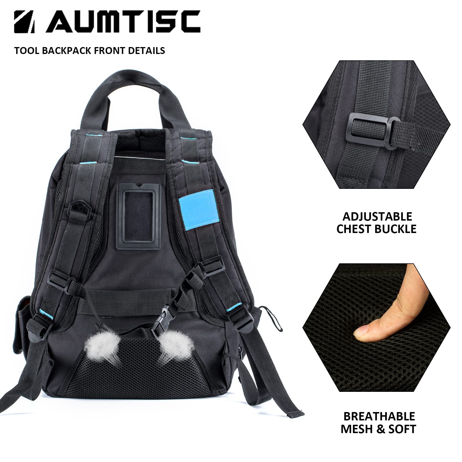 AUMTISC Tool Bag Backpack for Men, Heavy-Duty Tools Storage Organizer L, Blue