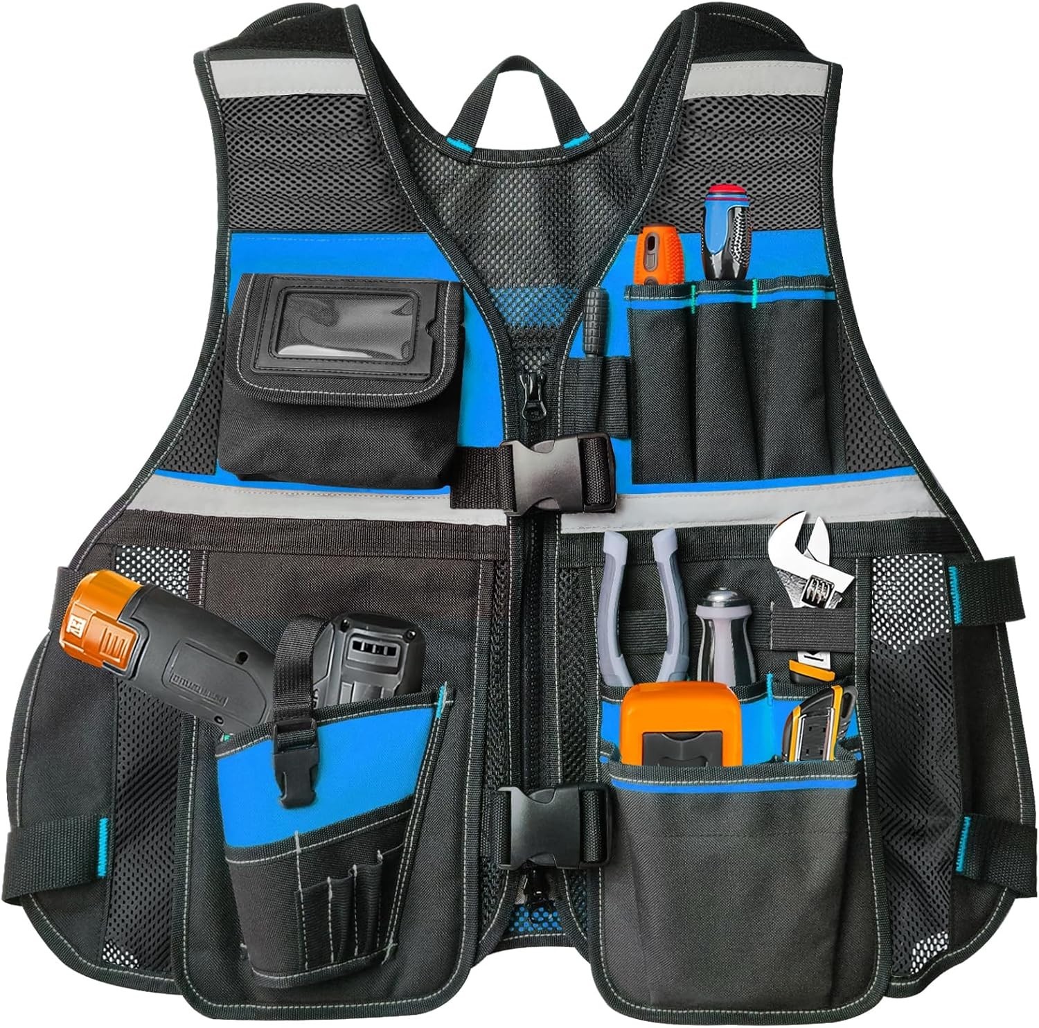 Electrician Tool Vest for Men, Hi Vis Tool Vest with 17 Compartments, Blue