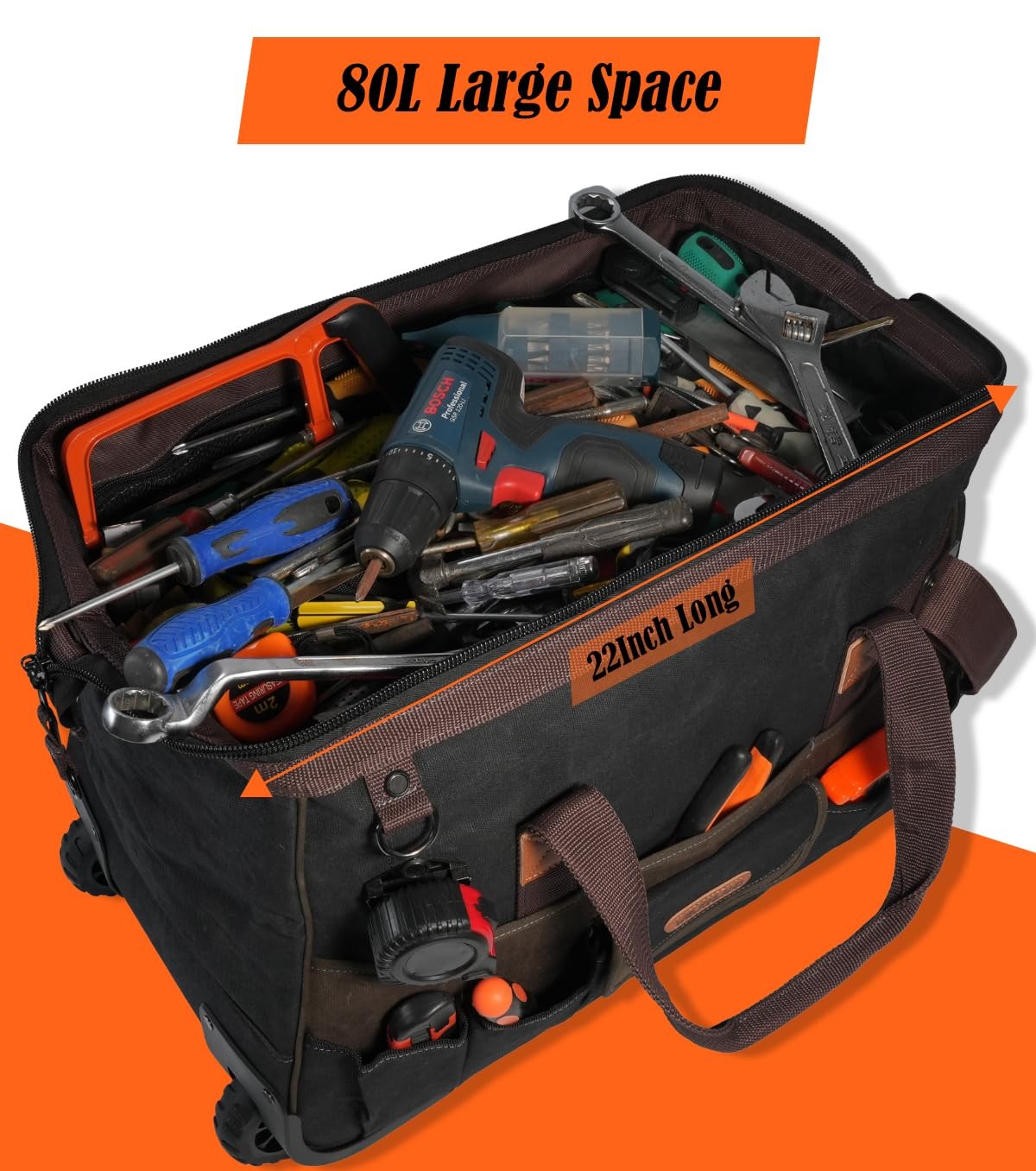 WELKINLAND 48Pockets Tool Bags With Wheels, 22Inch Large, Brown & Black