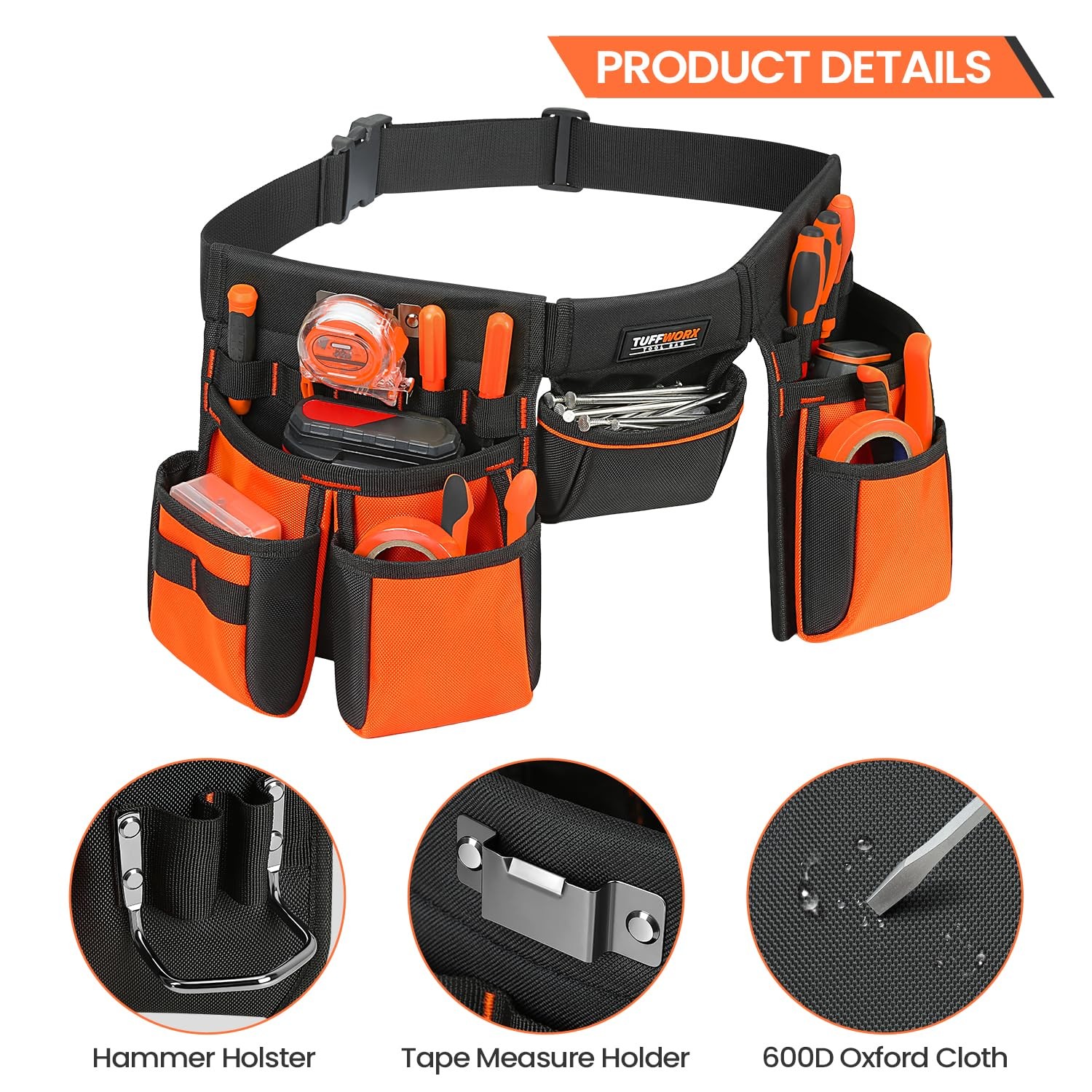 Tool Belt with Multiple Pockets, Heavy Duty Construction Pouch, Black and Orange