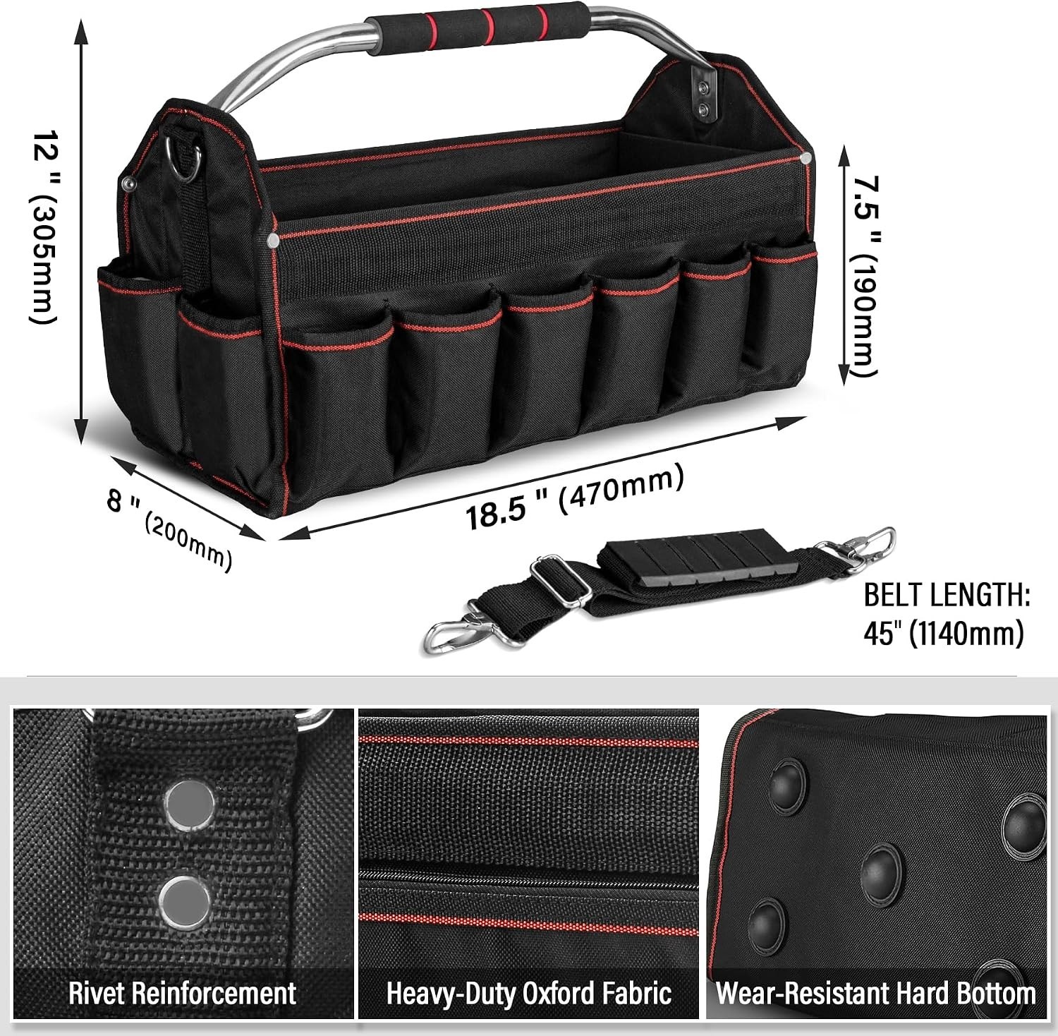 18″ Open Top Tool Bag: Foldable, 23 Pockets, Padded Handle, Built Tough