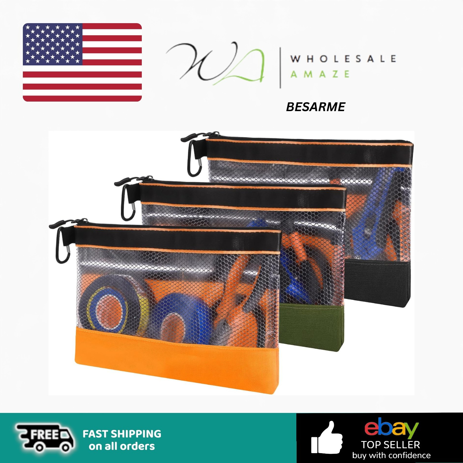 BESARME 3 Pcs 11.8″ Clear Tool Pouches with Zipper Heavy-Duty Small Tool Bag