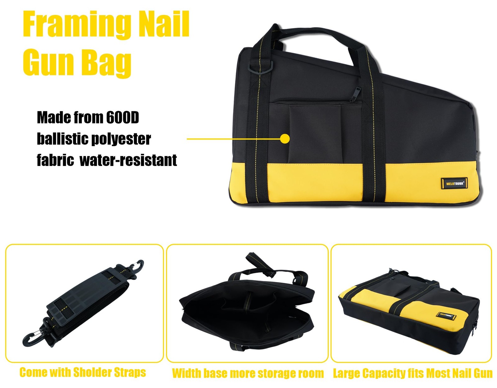 22 inches (L) x 14 (W) x 4 (H), Yellow Framing Nail Gun Bag