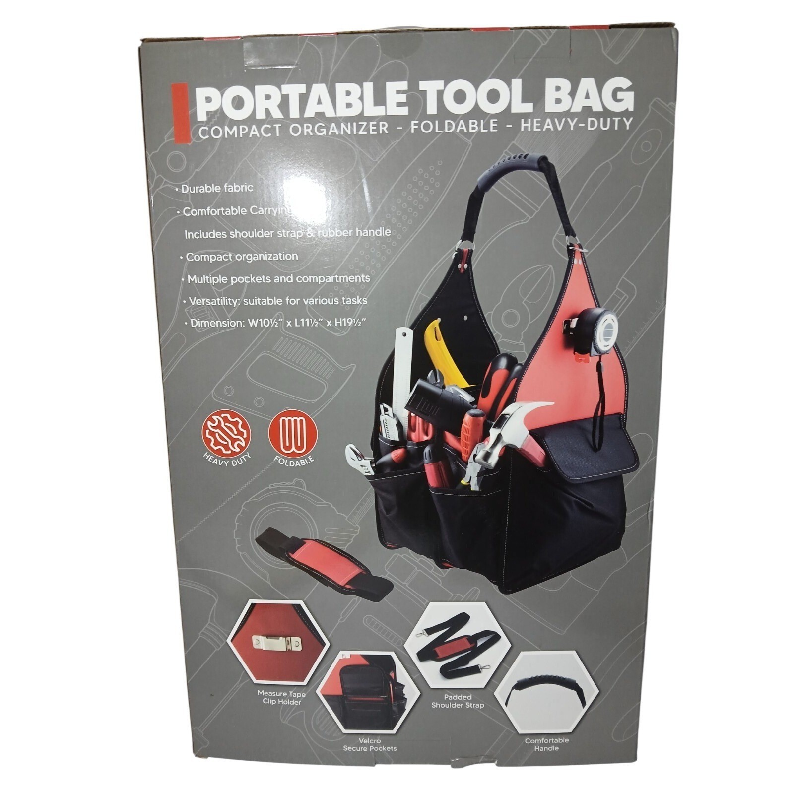 Portable Tool Bag organizer foldable heavy duty 10.5″x11.5″19.5″new in box #1439