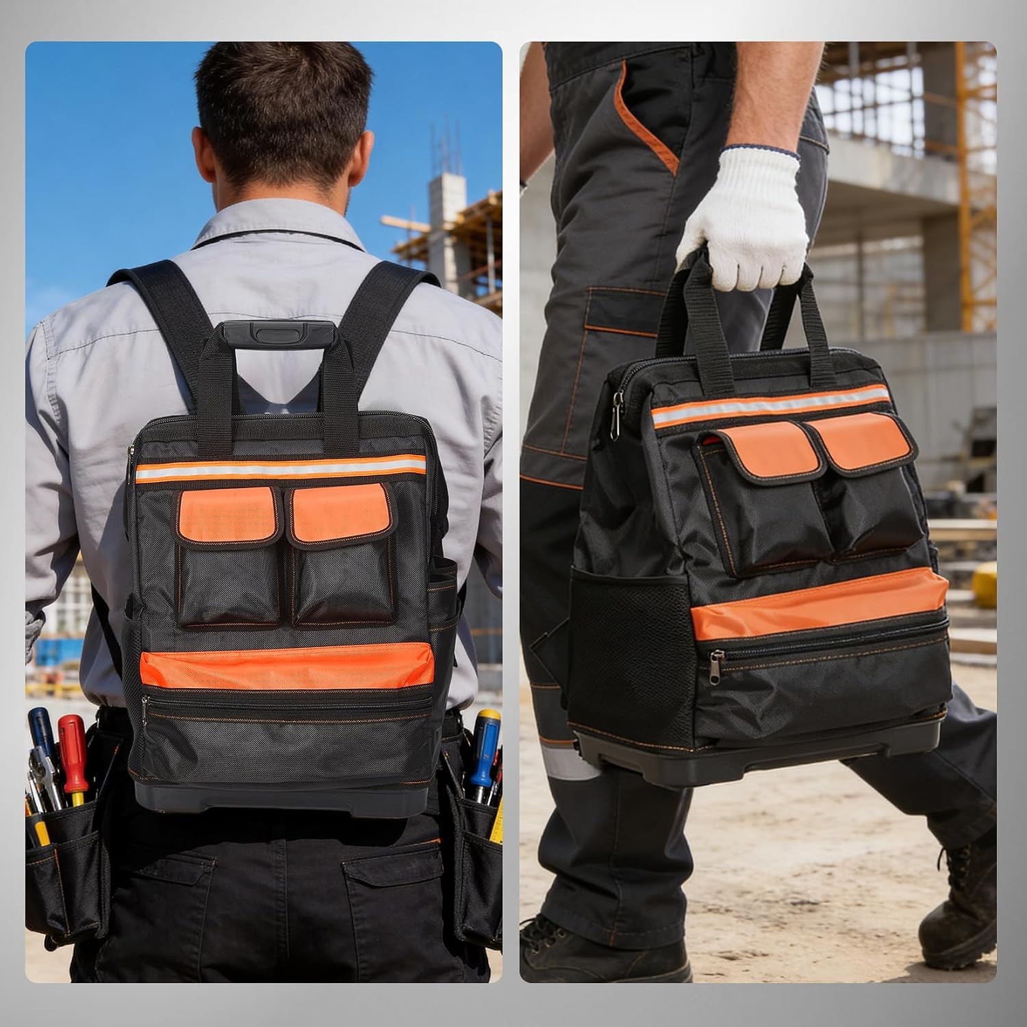 Heavy Duty Contractor Tool Backpack 17in Waterproof Oxford Bag Reinforced Base