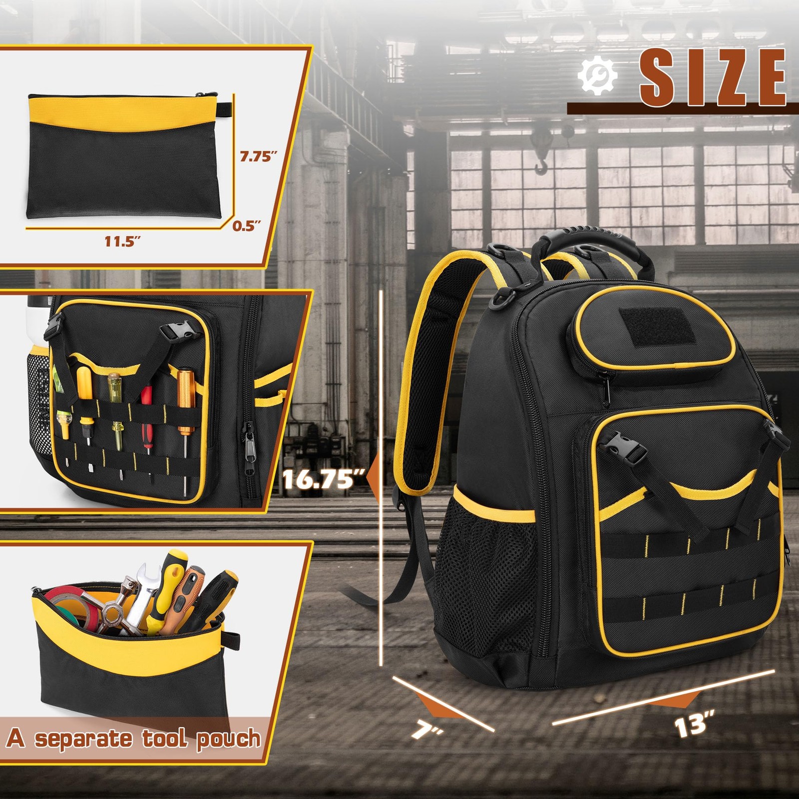 Tool Backpack with a Tool Pouch, Heavy Duty Tool Bag with Multiple Pockets, B…