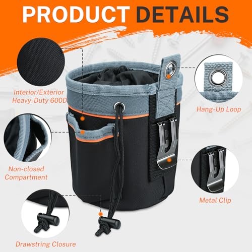 Drawstring Tool Pouch – 2 Sizes | Clip-On Nail, Screw & Bolt Bag | Small Black