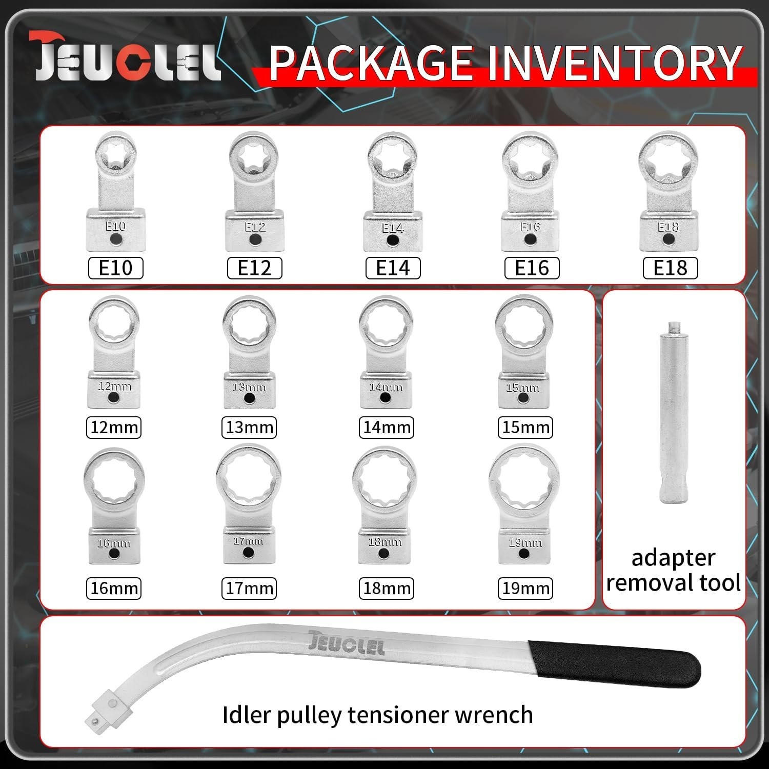 15PCS Alloy Steel Auto Belt Tensioner Tool Set for Pulleys and Timing