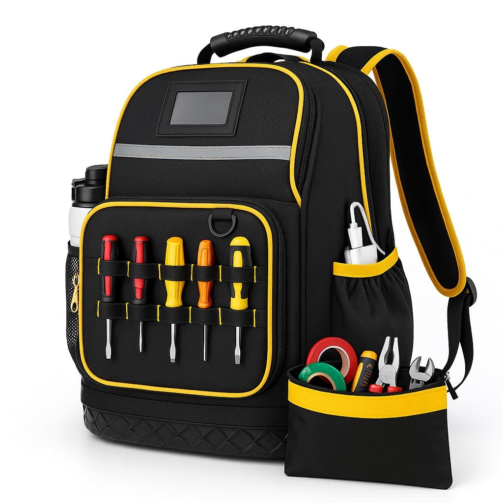 Rugged yet Comfortable Tool Backpack with Hard Molded Bottom and Tool Pouch, …