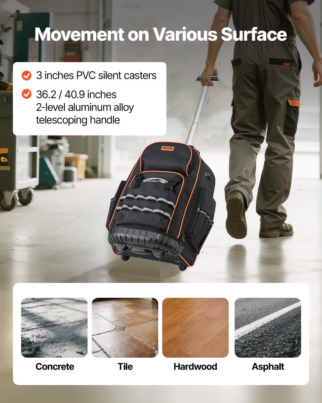 VEVOR Rolling Tool Backpack 72 Pockets Heavy Duty Roller Tool Bag on Wheels