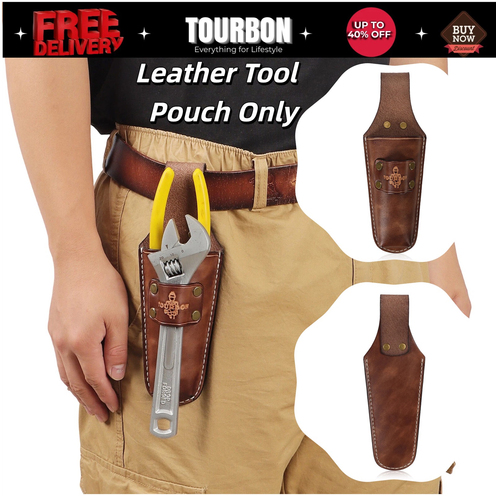 Tourbon Leather Garden Tool Belt Pouch 2-in-1 Pruner Shears Wrench Holder Case