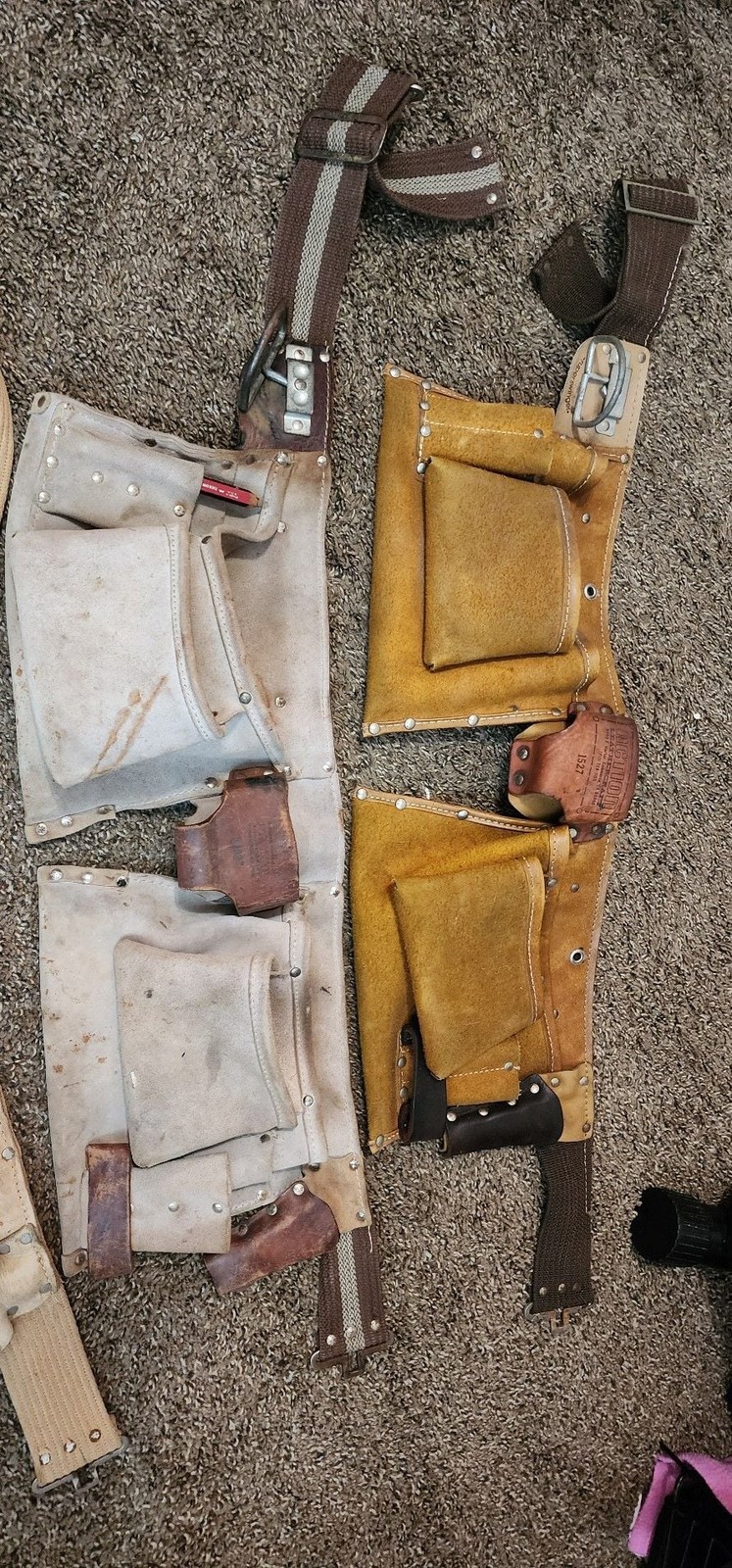 Lot of 5 Assorted Professional Leather, hide, and Canvas Tool Belts and Pouches