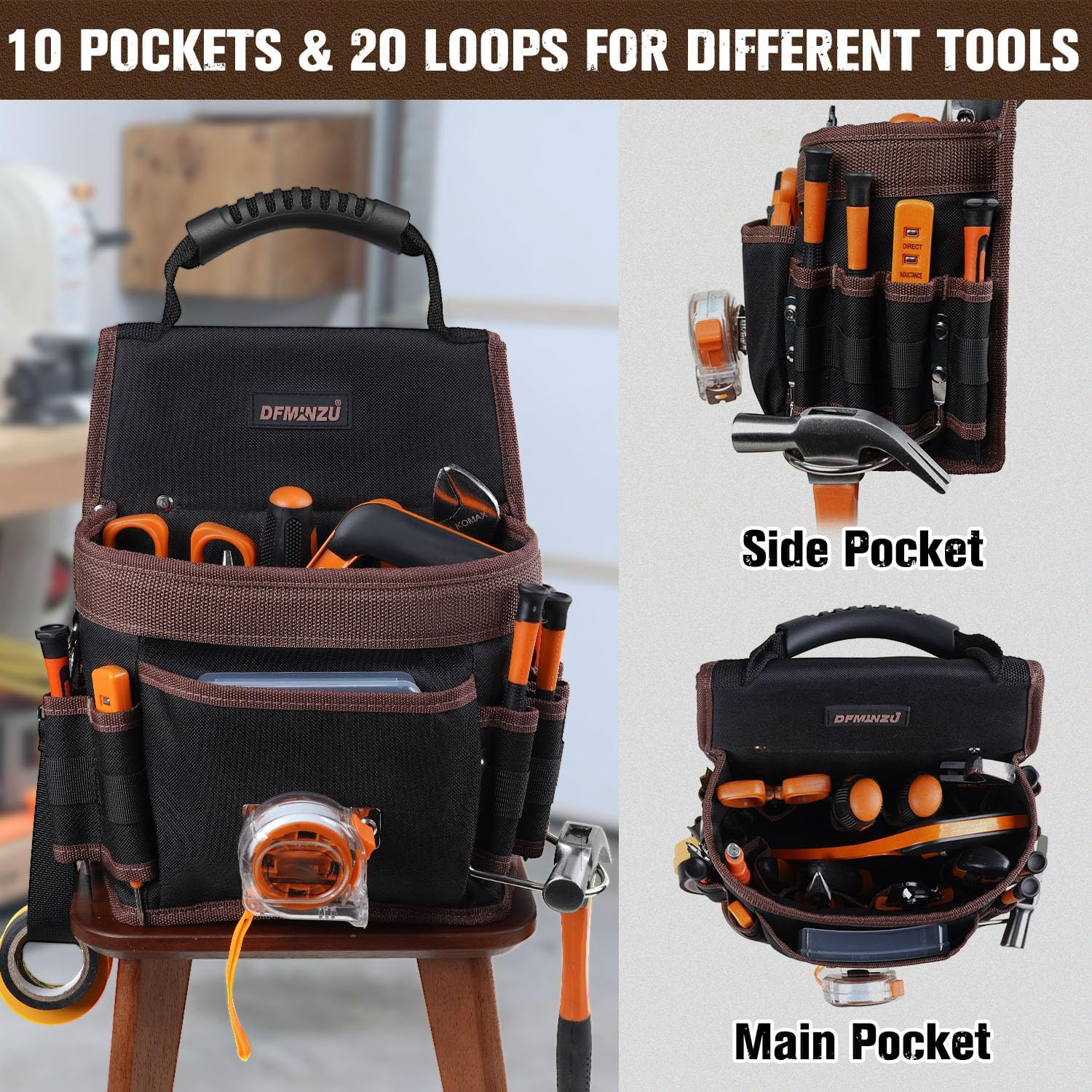 Electrician Tool Pouch, 10 Pockets Tool Belt Pouches with Hammer Holder, Adjusta