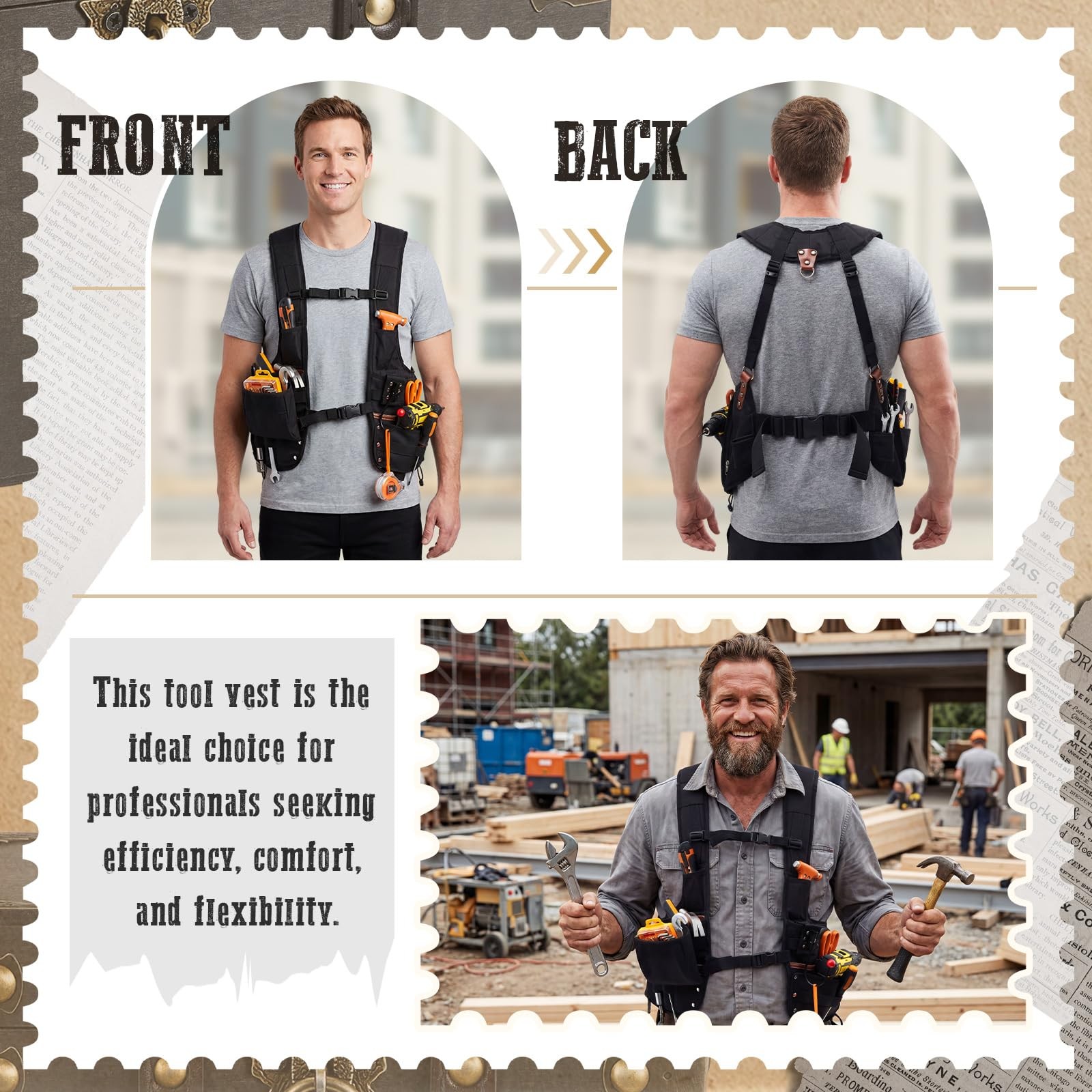 Tool Vest 33 Pockets Leather Removable Nail Pouch Drill Holster Heavy Duty