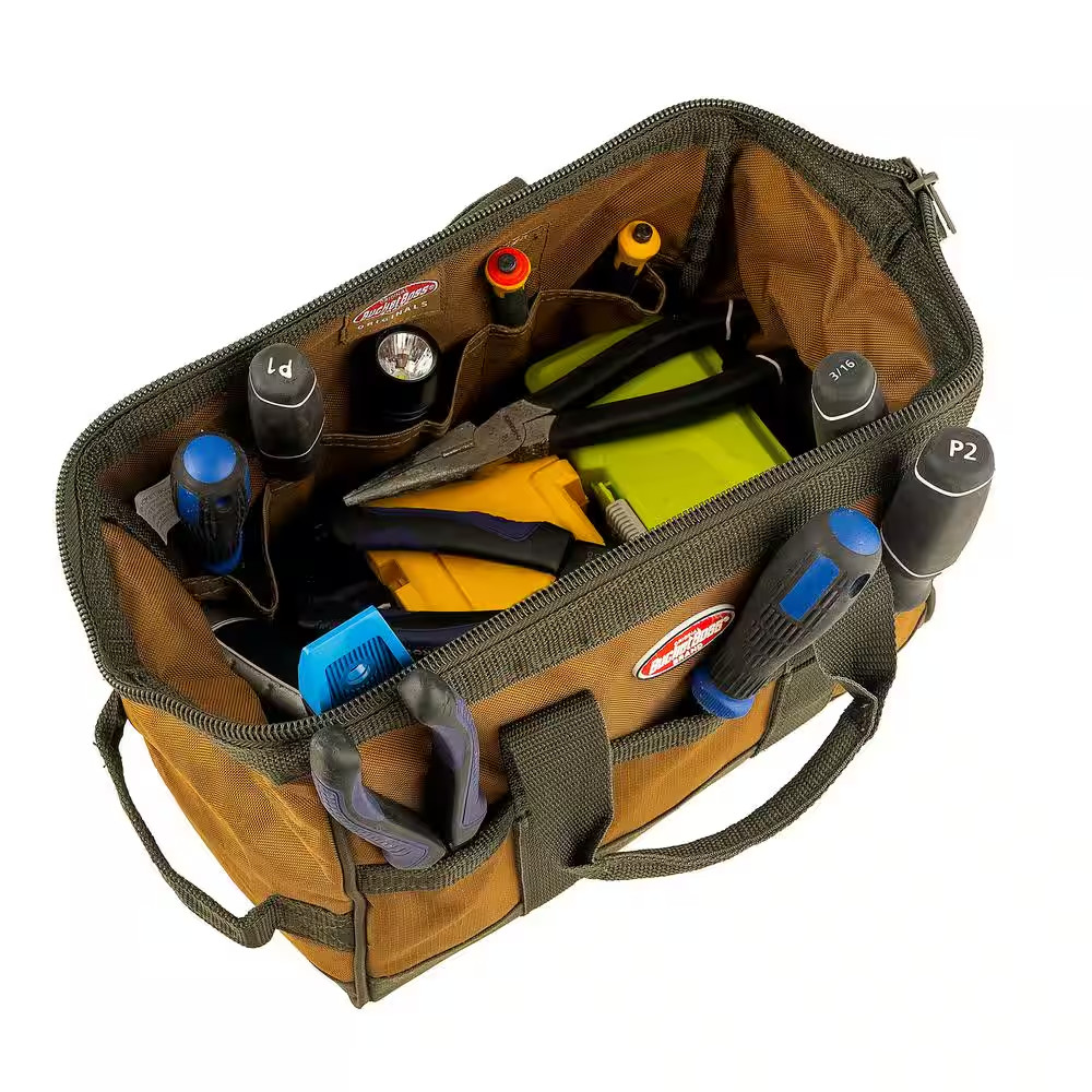 12 In. Gatemouth Tool Bag with Zippered Top and 16 Total Pockets