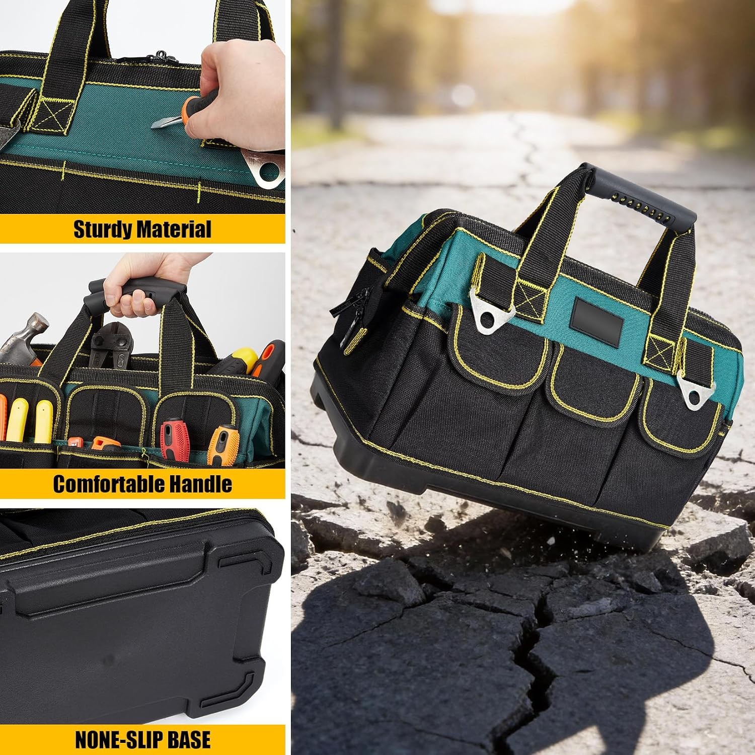Waterproof Tool Tote 17 Inch Heavy Duty Oxford Bag Molded Base Multi Pocket Wide