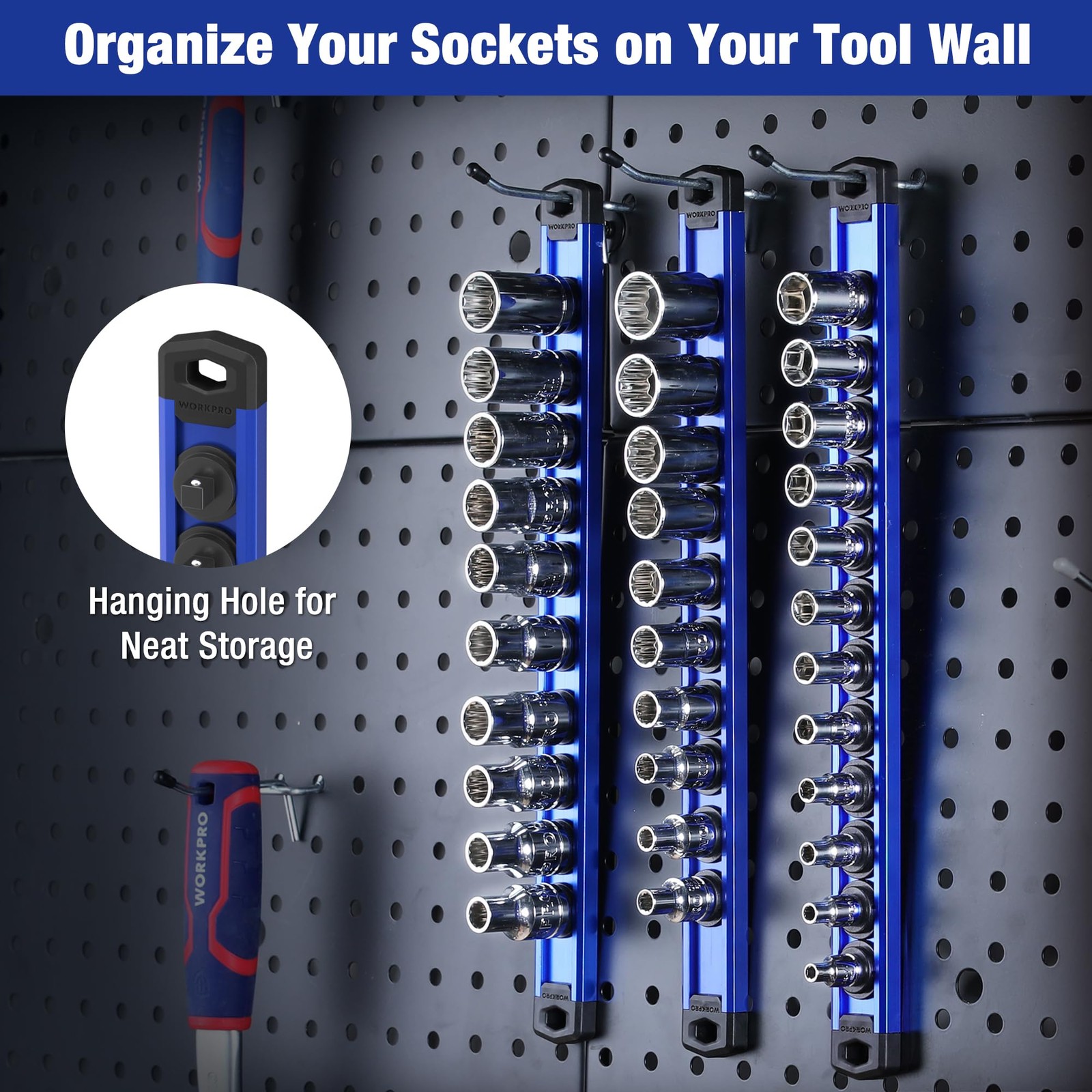 WORKPRO Magnetic Socket Organizer Set, 3 Pieces-1/4″, 3/8″, & 1/2″ DR, Blue