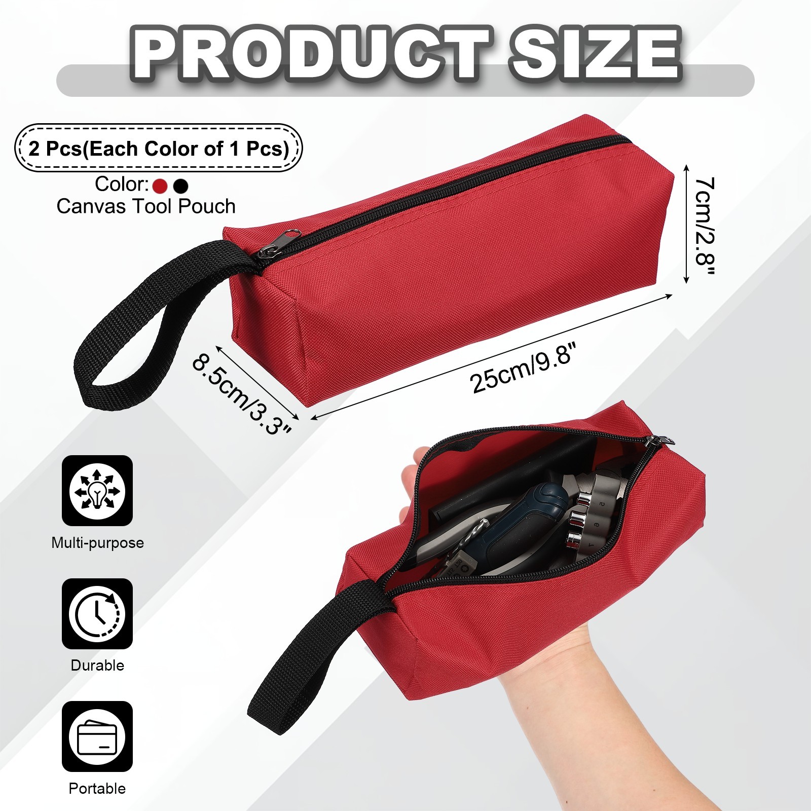 2 Pcs Black/Red Multi Purpose Zipper Canvas Tool Pouch 9.8×3.3×2.8″