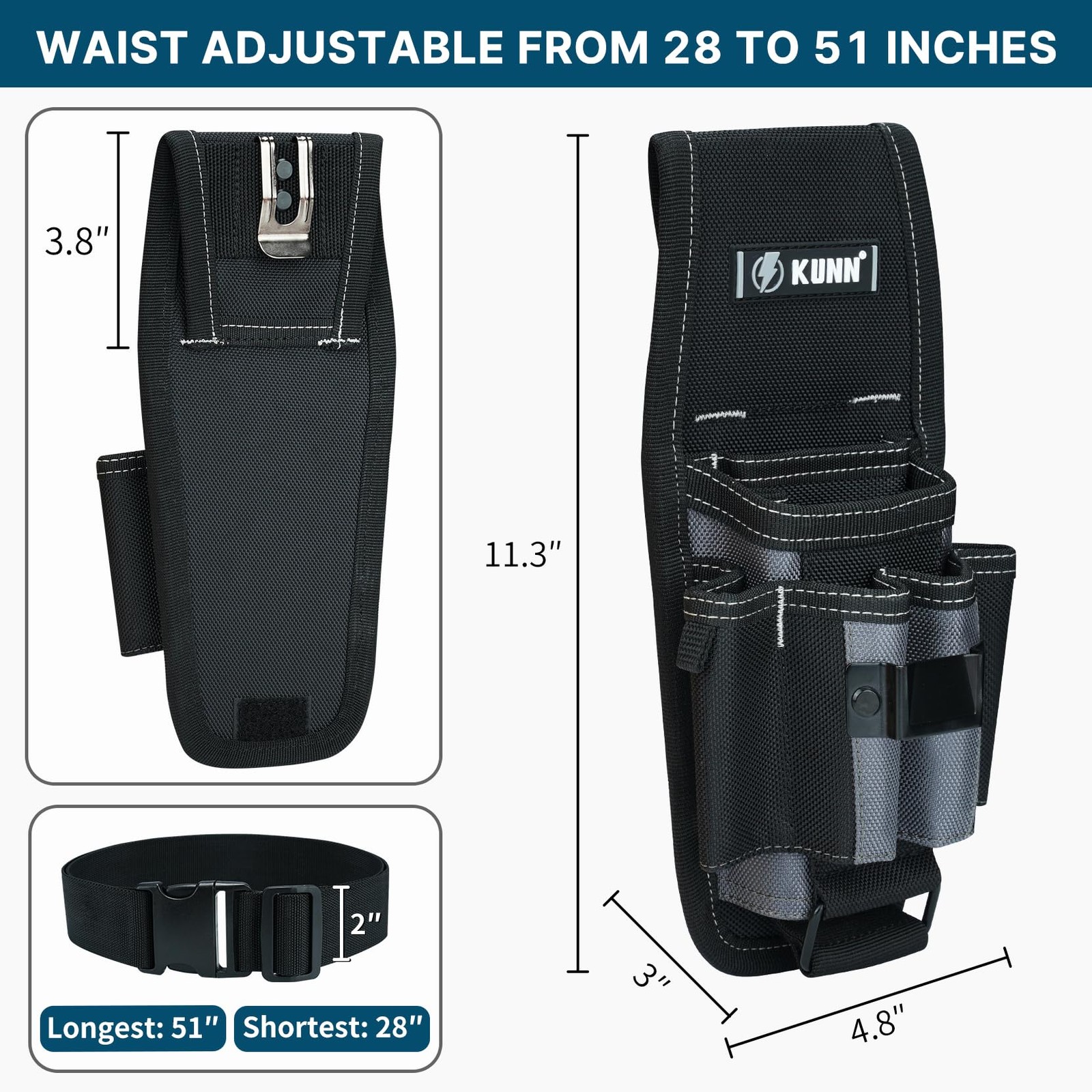 Small Tool Pouch, Belt Clip, 7 Pockets, Adjustable Holster, Electrician, Tech