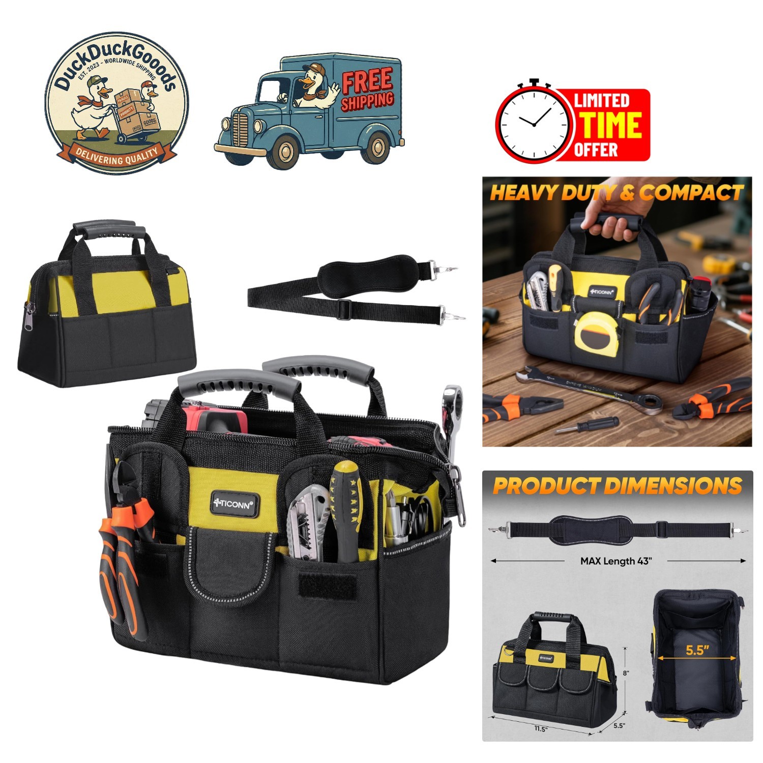 Heavy Duty Waterproof Tool Bag with 8 Pockets and Adjustable Strap – 12” Yellow