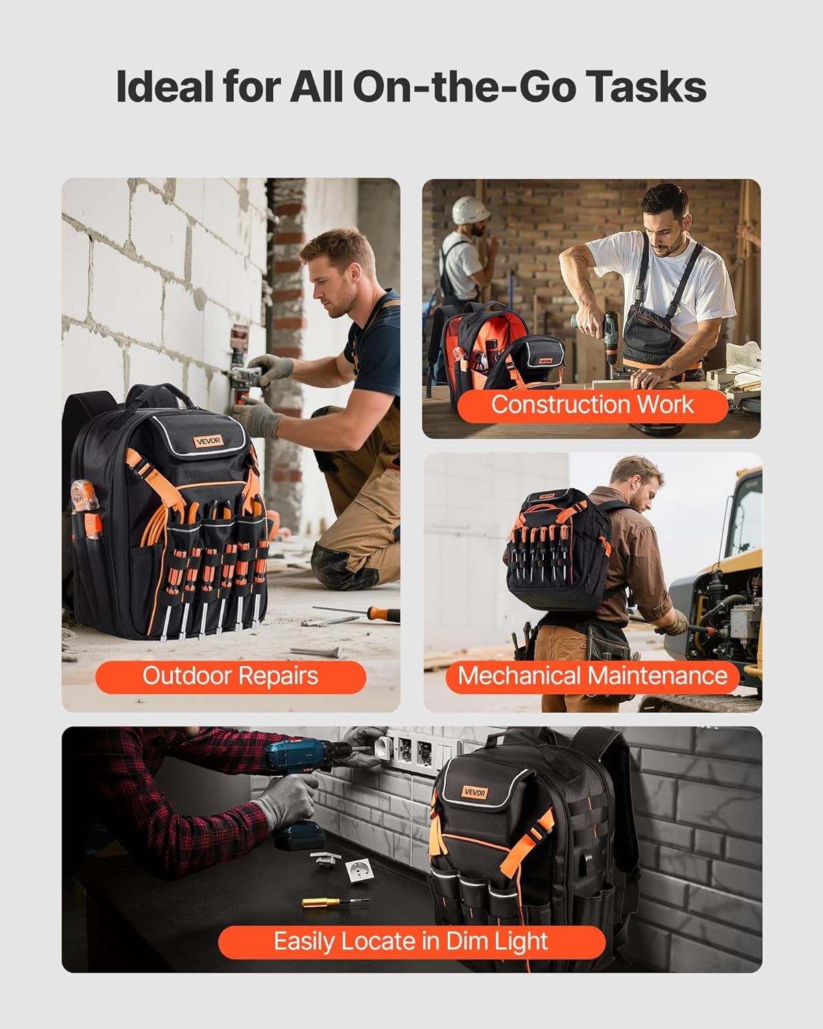 VEVOR Tool Backpack, 45 Pockets, Heavy-duty Tools Storage Organizer Work Bags