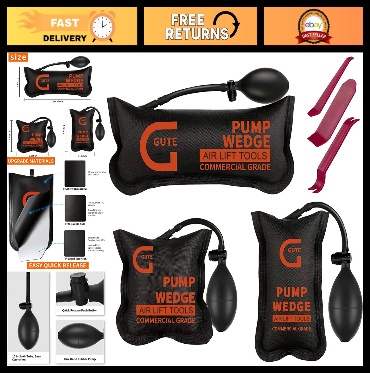 Inflatable Air Wedge Bags Pump Tool – 3 Pack Leveling Kit, 300 LB Capacity, Mult