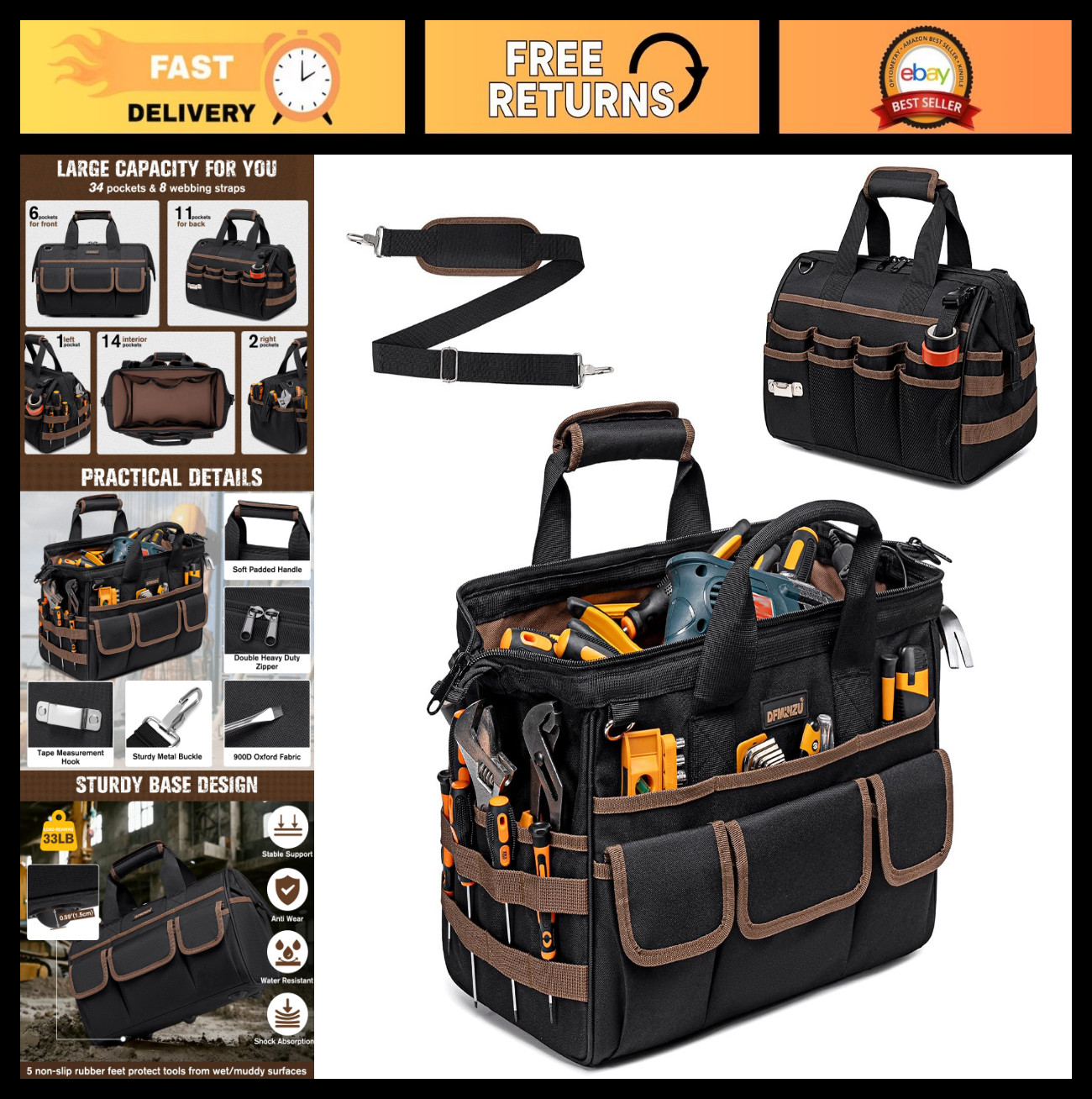 16.5″ Heavy Duty Tool Bag, 34-Pocket Organizer, Foldable Design, 900D Oxford, Id