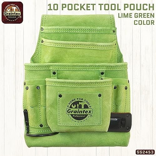 10 Pocket Nail & Tool Pouch, Suede Leather Tool Bag, Tool Belt for Lime Green