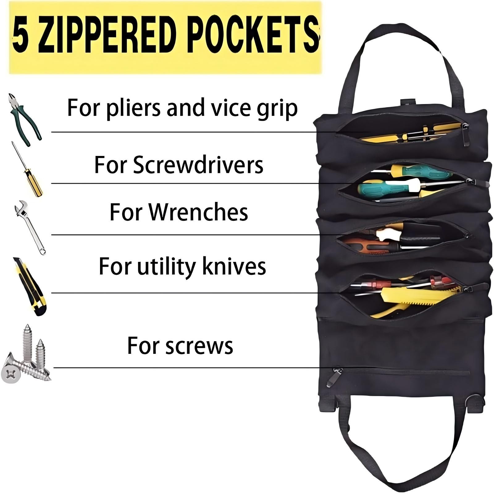 Multi-Purpose Tool Roll Up Bag 5 Pocket Wrench Pouch Canvas Hanging Organizer US