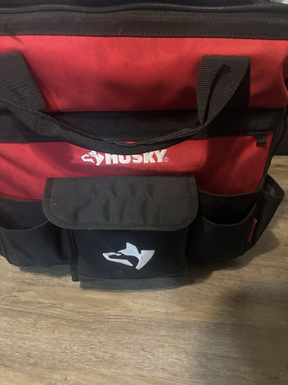 Husky 18in Rolling Tool Bag 18 Pocket Heavy-Duty Telescoping Handle Wheels Red