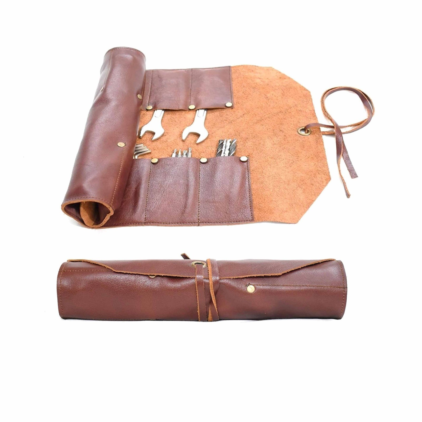 12 Pocket Leather Tool Roll – Mechanics Organizer Bag for Wrenches & Tool