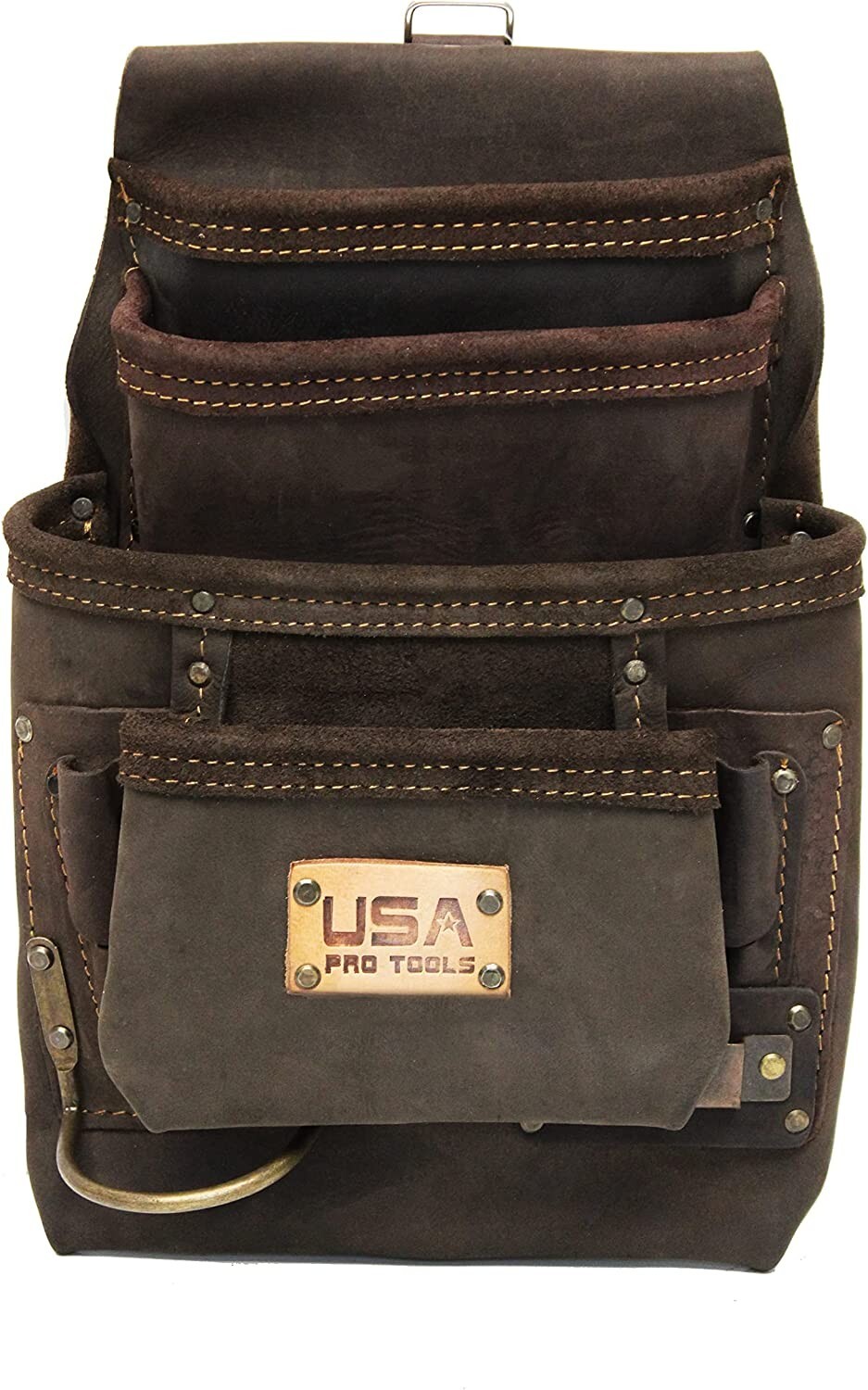 USA Pro Tools Oil Tanned Leather Tool & Nail Pouch 10Pockets with Hammer & Tape