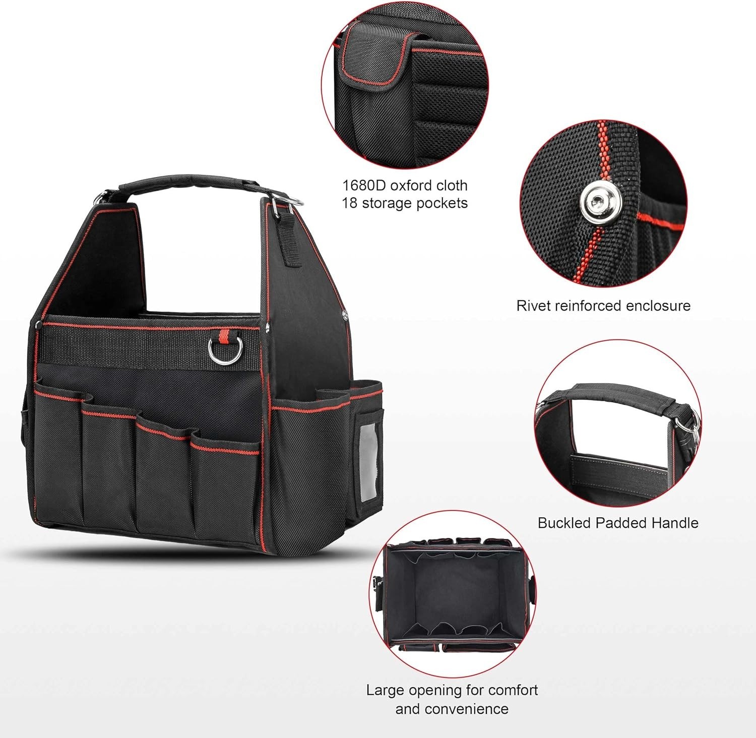 Tool Tote Electrician Tool Bag 18-Pockets Open Top Tool Bag W/ Removable
