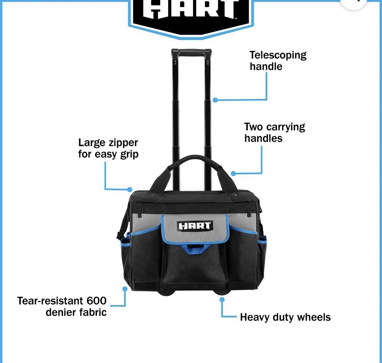 HART 18-inch Rolling Tool Bag, Waterproof Bottom, Telescoping Pull Handle wheel