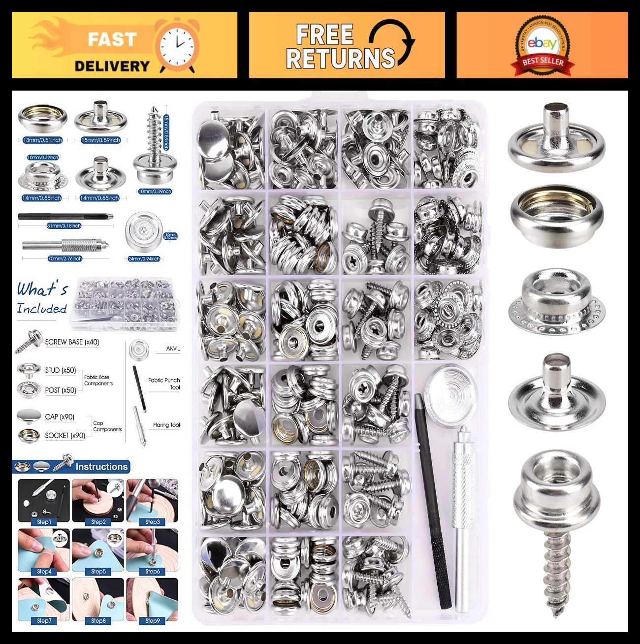 323-Piece Canvas Snap Kit – Marine Grade Stainless Steel, DIY Cover Tools, Punch