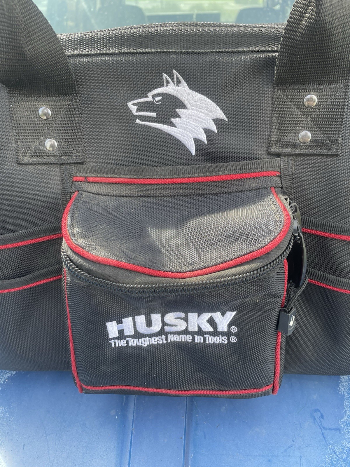 Husky Electrician Tool Bag Red/Black – 25″ w/ Strap & Handle 30+ Pockets Used