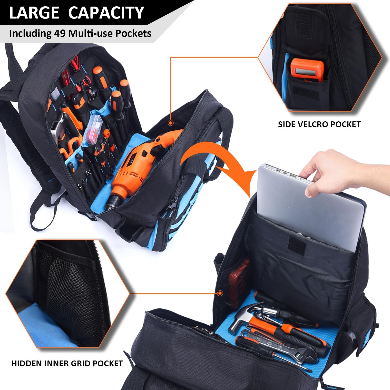 AUMTISC Tool Bag Backpack for Men, Large Heavy Duty Bags with 49 L, Blue
