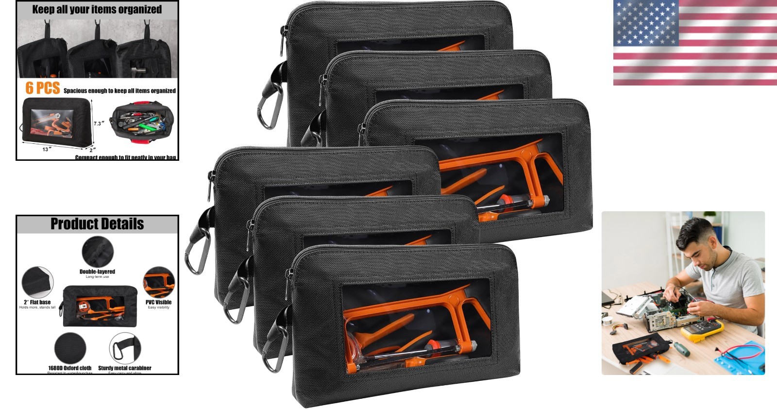 Multipurpose Tool Storage Pouches Set of 6 with Clear Windows for Easy Access